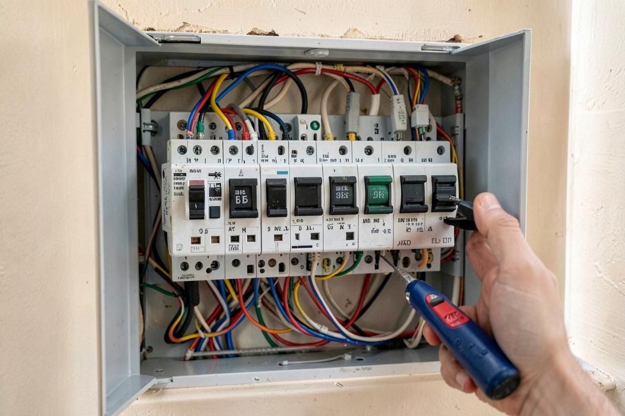 Consumer unit being tested during a house rewire